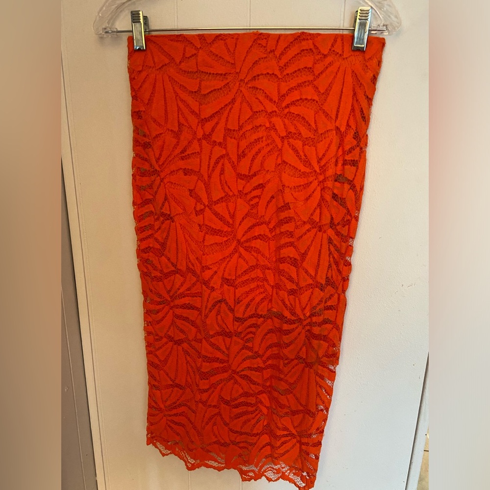 H&M Tangerine Orange bodycon embroidered overlay pencil skirt-size small-size s